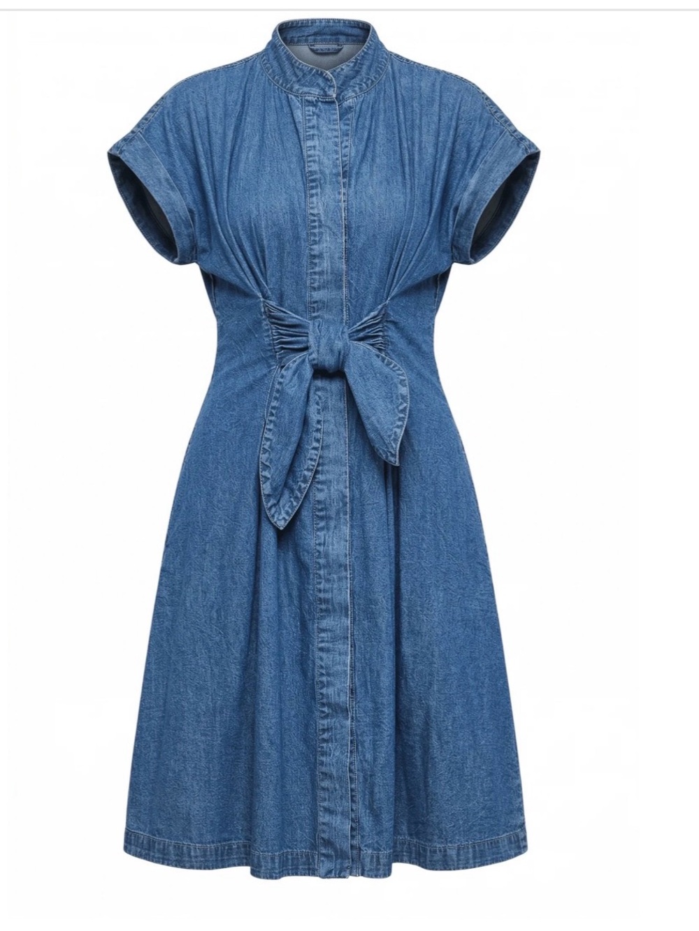 Blue Denim Tie-Front Midi Dress